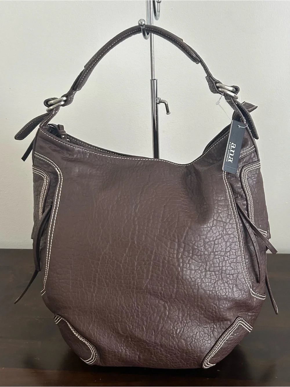 a.n.a. Brown Faux Leather Hobo Shoulder Bag Contrast Stitching Tassel NWT